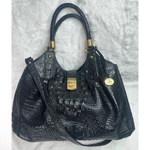 *BRAHMIN* Black Elisa Melbourne Croc-Embossed Leather Satchel Shoulder Bag
